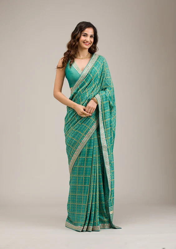 Turquoise Blue Soft Raw Silk Gold Zariwork Saree With Matching Blouse Piece
