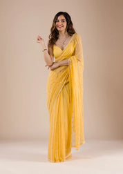 Mustard Chiffon Threadworkk Saree With Matching Blouse Piece