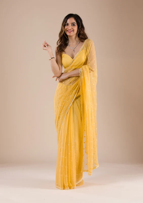 Mustard Chiffon Threadworkk Saree With Matching Blouse Piece