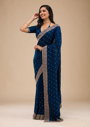 Navyy Blue Soft Raw Silk Gold Zariwork Saree With Matchingg Blouse Piece