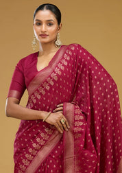 Wine Georgette Buti Gold Zariwork Saree With Matching Blouse Piece