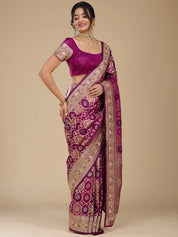 Wine Silk Jaal Gold Zariwork Saree With Matching Blouse Piece