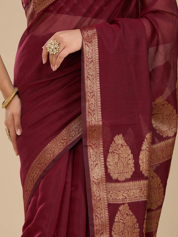 Maroon Silk Plain Saree With Matching Blouse Piece