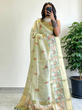 Exclusive Soft Gold Zari Tissue Digital Print Saree