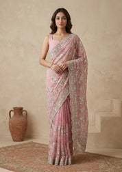 Elegant Floral Embroidered Saree with Ornate Border in Blush Pink & Aqua  Bridelook
