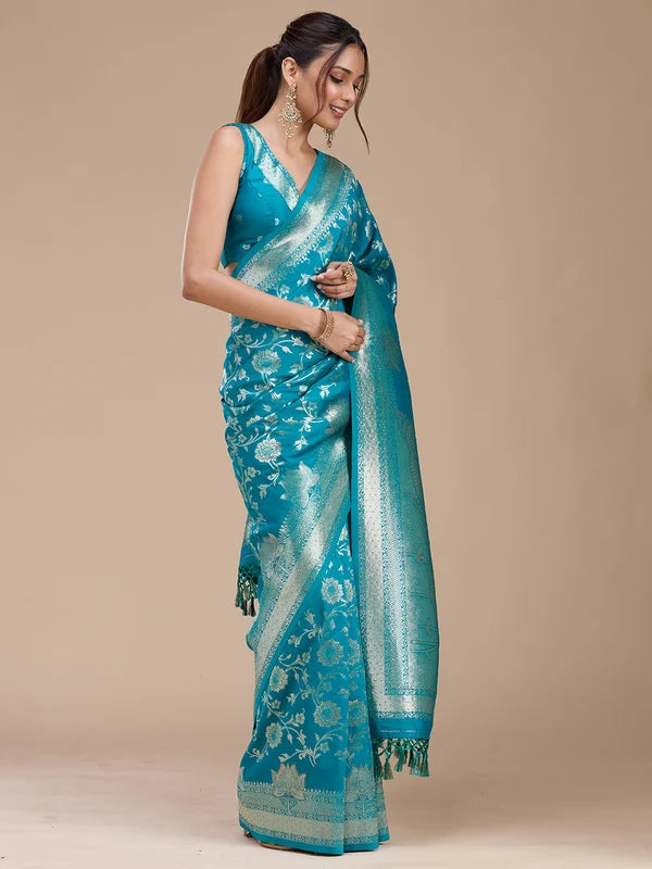 Turquoise Blue Silk Jaal Stonework Saree With Matching Blouse Piece