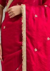 Maroon Tissue Gold Zariwork Saree With Matching Blouse Piece