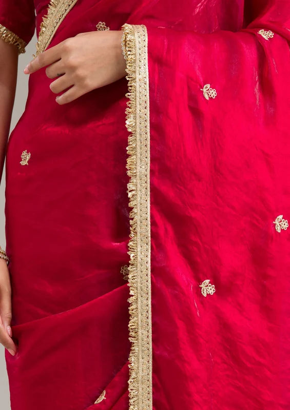 Maroon Tissue Gold Zariwork Saree With Matching Blouse Piece