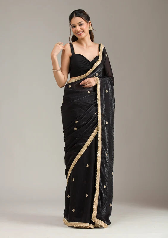Black Tissue Gold Zariwork Saree With Matching Blouse Piece