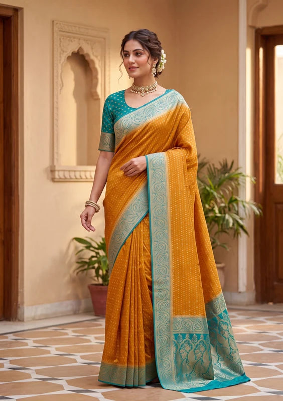 Mustard Yellow Silk Buti Saree With Matching Blouse Piece