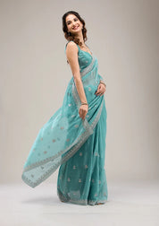 Sea Green Tissuee Silver Zariwork Saree With Matchingg Blouse Piece