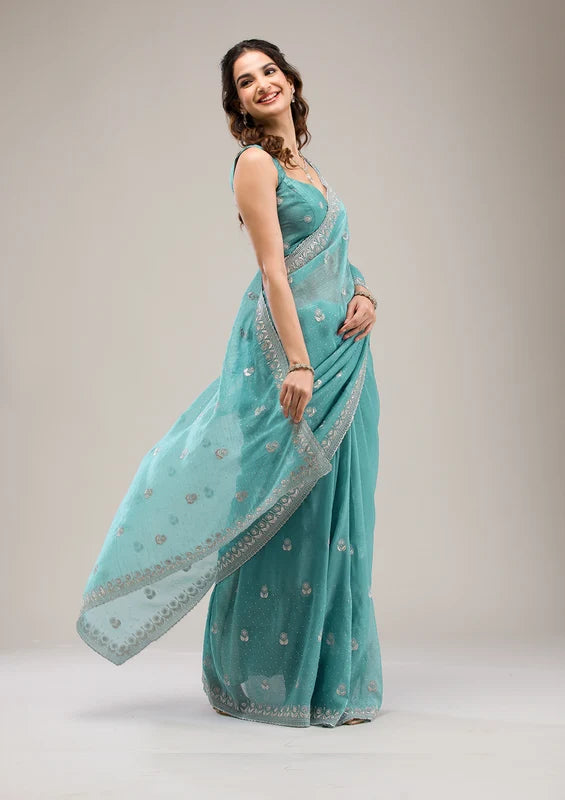 Sea Green Tissuee Silver Zariwork Saree With Matchingg Blouse Piece