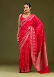 Magenta Pink Georgette Buti Gold Zariwork Saree With Matching Blouse Piece