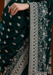 Bottle Green Soft Raw Silk Silver Zariwork Saree With Matching Blouse Piece