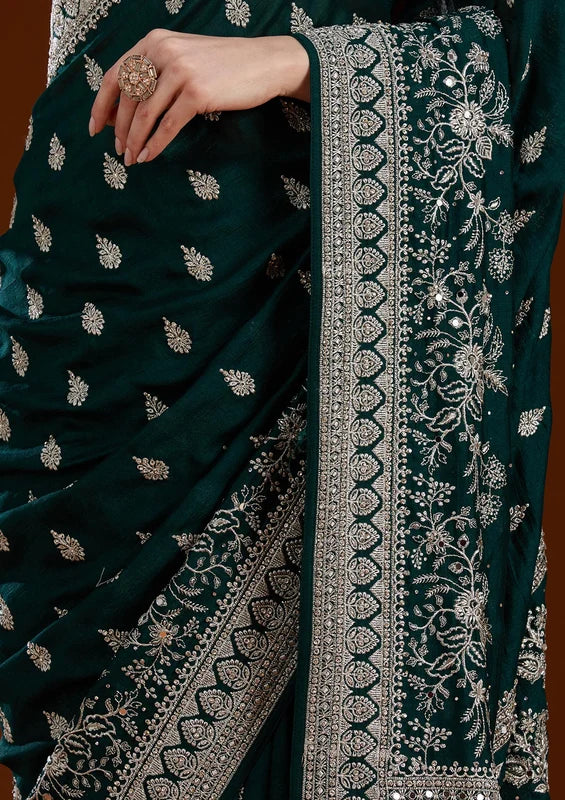 Bottle Green Soft Raw Silk Silver Zariwork Saree With Matching Blouse Piece