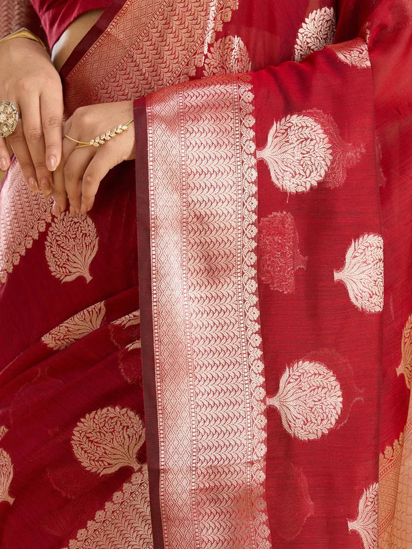 Red Cotton Buti Gold Zariwork Saree With Matching Blouse Piece