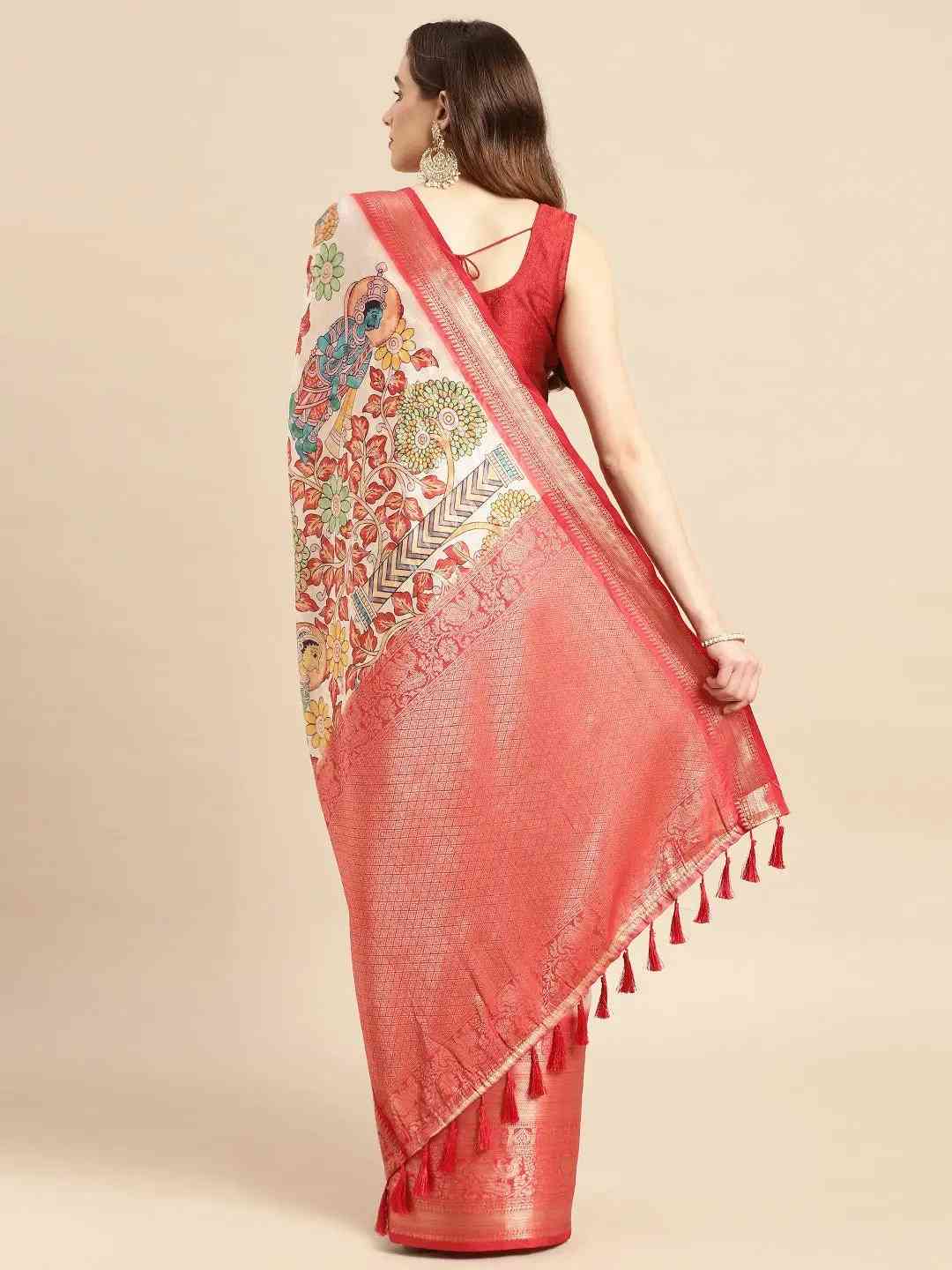 Exquisite Red Colour Kalamkari Pattu Banarasi Silk Saree