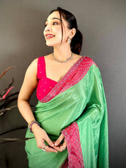 Green Poly Chiffon Diamond Stone Work Saree