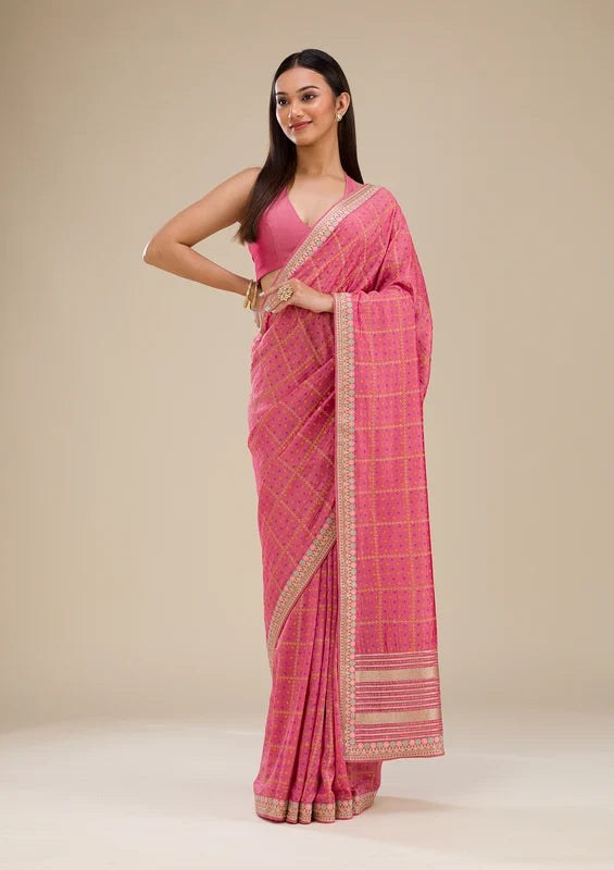 Pink Soft Raw Silk Gold Zariwork Saree With Matching Blouse Piece