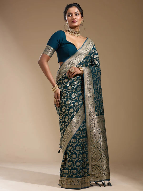 Teal Green Art Georgette Jaal Gold Zariwork Saree With Matching Blouse Piece