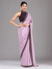 Lavender Satin Gold Stonework Saree With Matching Blouse Piece