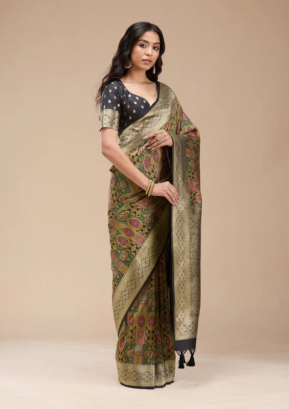 Black Silk Jaal Printed Saree With Matching Blouse Piece