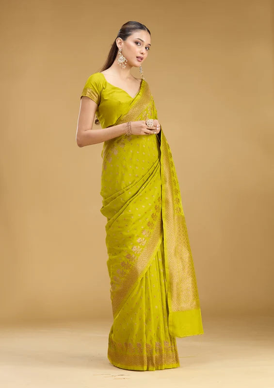 Mehandi Green Georgette Buti Gold Zariwork Saree With Matching Blouse Piece