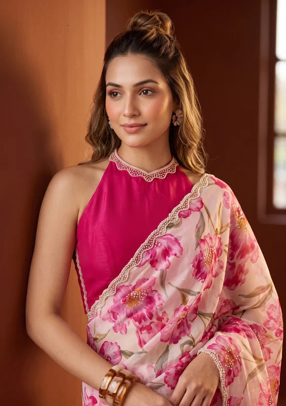 Off White Tissue Sequins Saree With Matching Blouse Piece