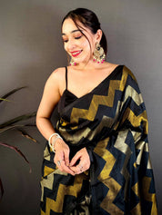 Blackk Soft Silk Geometric Zigzag Zari Saree