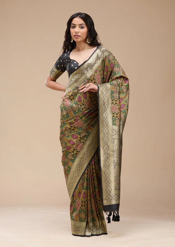 Black Silk Jaal Printed Saree With Matching Blouse Piece