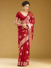 Red Cotton Buti Gold Zariwork Saree With Matching Blouse Piece