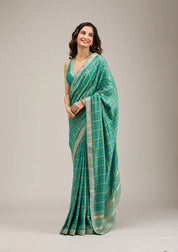 Turquoise Blue Soft Raw Silk Gold Zariwork Saree With Matching Blouse Piece