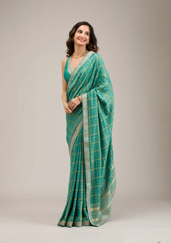 Turquoise Blue Soft Raw Silk Gold Zariwork Saree With Matching Blouse Piece