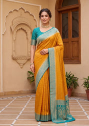 Mustard Yellow Silk Buti Saree With Matching Blouse Piece
