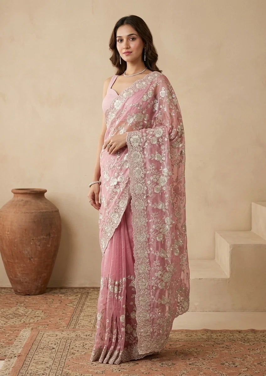 Elegant Floral Embroidered Saree with Ornate Border in Blush Pink & Aqua  Bridelook