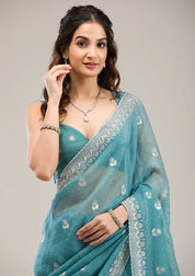 Sea Green Tissuee Silver Zariwork Saree With Matchingg Blouse Piece