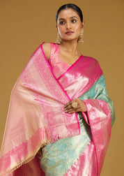 Mehendi Green Silk Jaal Gold Zariwork Saree With Matching Blouse Piece