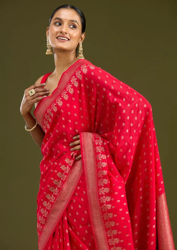 Magenta Pink Georgette Buti Gold Zariwork Saree With Matching Blouse Piece