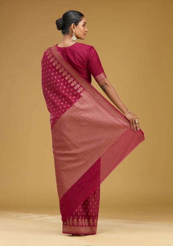 Wine Georgette Buti Gold Zariwork Saree With Matching Blouse Piece