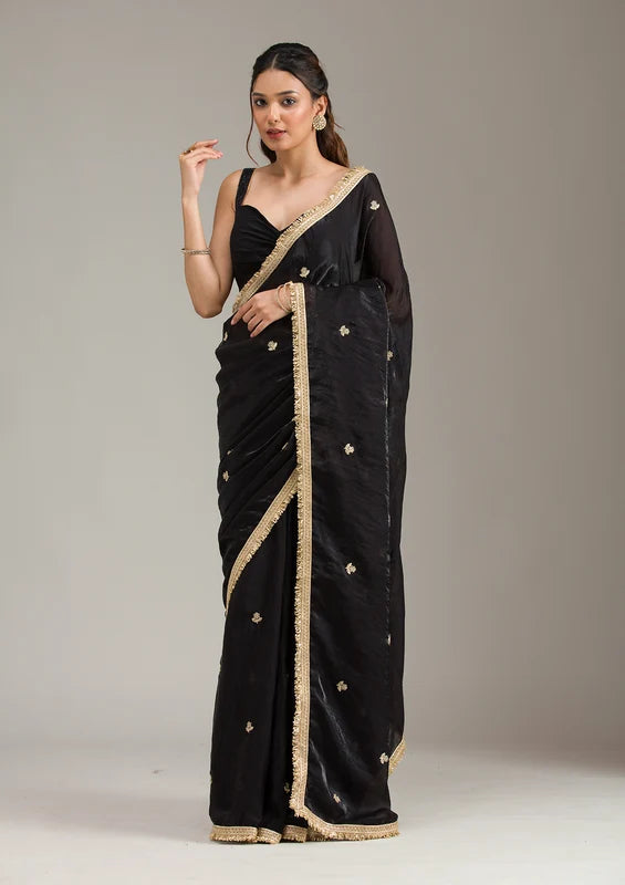 Black Tissue Gold Zariwork Saree With Matching Blouse Piece
