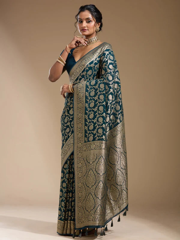 Teal Green Art Georgette Jaal Gold Zariwork Saree With Matching Blouse Piece