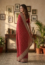 Rani Pink Georgette Gold Zariwork Saree With Matching Blouse Piece