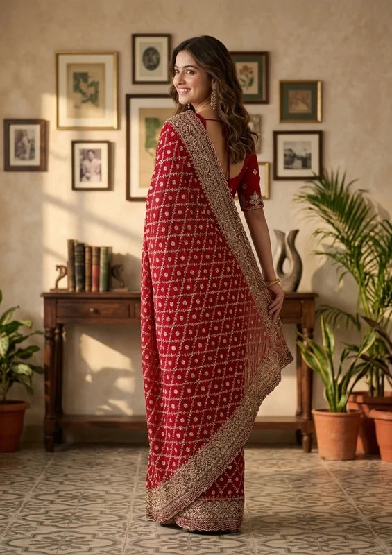Rani Pink Georgette Gold Zariwork Saree With Matching Blouse Piece