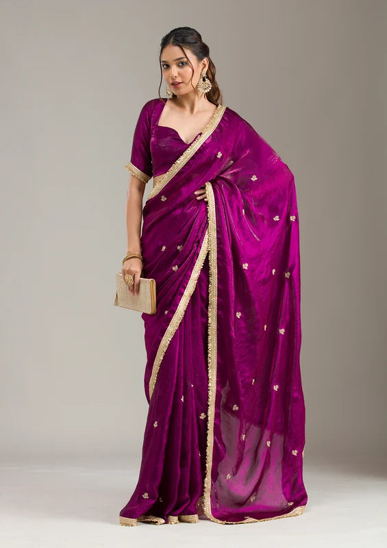 Wine Tissue Gold Zariwork Saree With Matching Blouse Piece