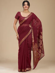 Maroon Silk Plain Saree With Matching Blouse Piece
