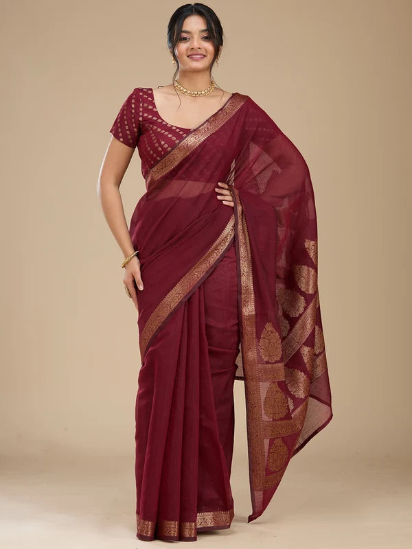 Maroon Silk Plain Saree With Matching Blouse Piece