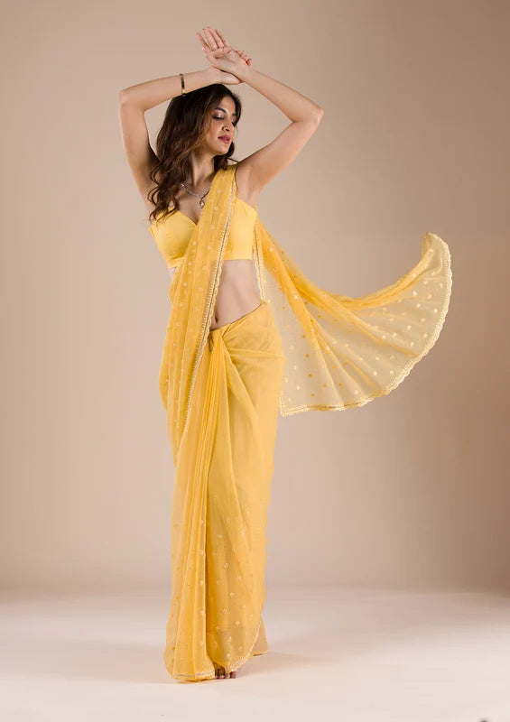 Mustard Chiffon Threadworkk Saree With Matching Blouse Piece