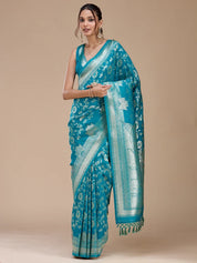 Turquoise Blue Silk Jaal Stonework Saree With Matching Blouse Piece