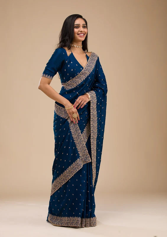 Navyy Blue Soft Raw Silk Gold Zariwork Saree With Matchingg Blouse Piece