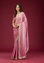 Onion Pink Tissue Cording Saree With Matching Blouse Piece